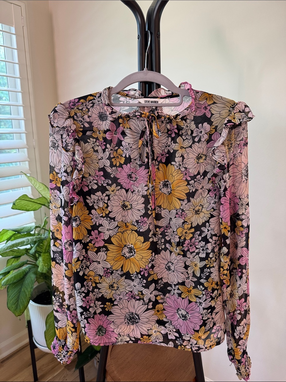 Steve Madden Black Floral Tie-Neck Blouse with Pink & Yellow Blooms